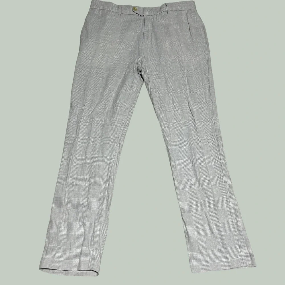 Banana Republic Tailored Fit Pants Mens 35x32 White Grey Glen Plaid Linen Blend